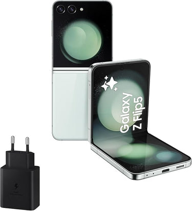 Samsung Galaxy Z Flip5, 256 GB + Cargador 45W - Teléfono Móvil Plegable con IA, Smartphone Android Libre, 8GB de RAM, Diseño Plegable, Verde claro (Versión Española)